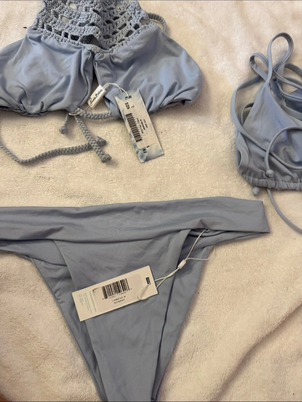 NWT 3-piece Frankie’s Bikinis Set- High-Neck Crochet top, String Top,Nick Bottom